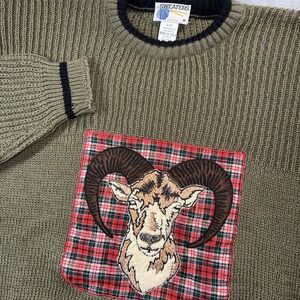 Vintage Sweater Mens Medium Green Ram Sheep Horns Crew Neck Wool Blend Italy